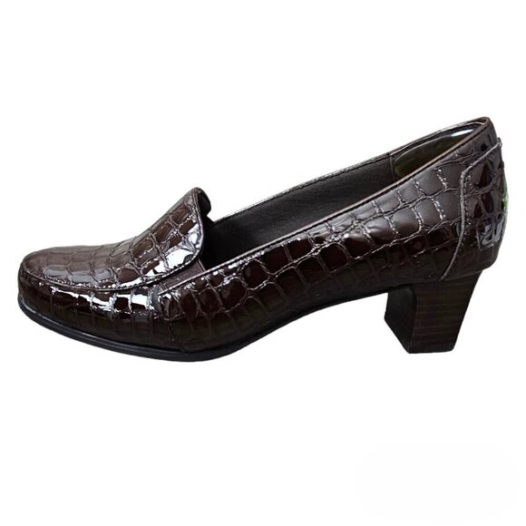 TROTTERS GLORIA Dark Brown Croc Slip On Block Heel Loafer Shoe - Picture 1 of 8